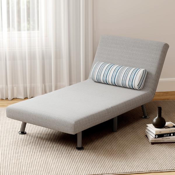 Sofá - Cama Individual Dobrável com Encosto Ajustável 5 Posições, Almofada e Revestimento em Linho Sintético, 75x70x75 cm, Cinzento