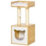 Árvore para Gatos de 2 Níveis com Caverna Superior Postes Arranhadores de Sisal Natural Almofadas Laváveis e Bola de Brinquedo 35x35x81cm Carvalho