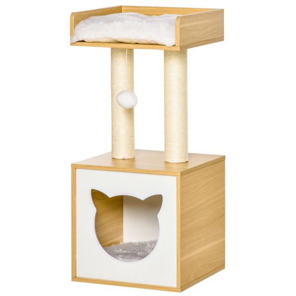 Árvore para Gatos de 2 Níveis com Caverna Superior Postes Arranhadores de Sisal Natural Almofadas Laváveis e Bola de Brinquedo 35x35x81cm Carvalho