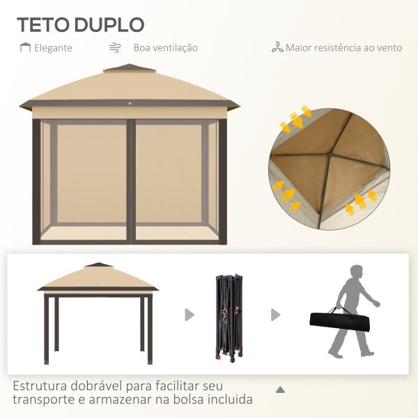 Pérgola Dobrável Exterior com Altura Ajustável Teto Duplo 4 Mosquiteiras Removíveis e Bolsa de Transporte 3,3x3,3 m Bege