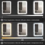 Espelho Casa de Banho com Luzes LED 70x90 cm Função Antiembaciamento 3 Temperaturas de Cor Ajustável e Função de Memória Prata