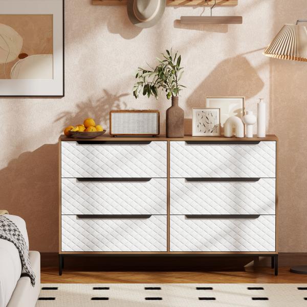 Cómoda com 6 Gavetas de Tecido Frentes com Padrão de Diamante Móvel de Arrumação 117,5x30x73,5 cm Madeira e Branco