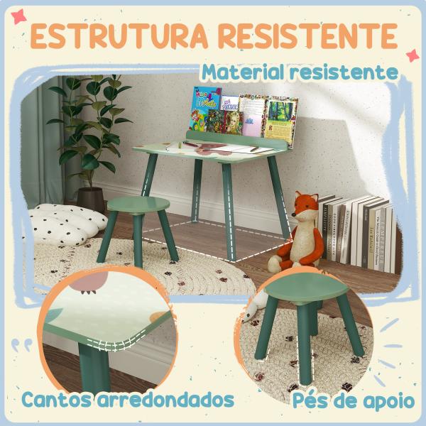 Mesa e Cadeira para Crianças com Prateleira para Livros Secretária para Crianças acima de 3 Anos Verde