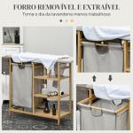 Cesto de Roupa Suja 57,4L com Tábua de Passar Suporte para Ferro 3 Prateleiras e Bolsa Removível 113x34x82 cm Madeira e Cinza