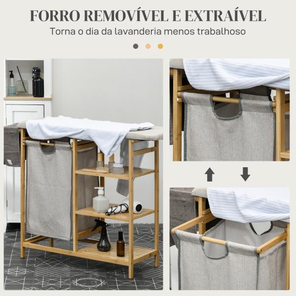 Cesto de Roupa Suja 57,4L com Tábua de Passar Suporte para Ferro 3 Prateleiras e Bolsa Removível 113x34x82 cm Madeira e Cinza