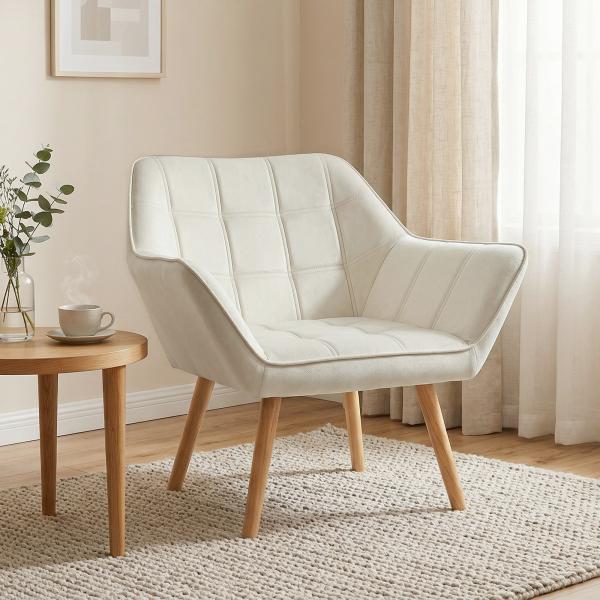 Poltrona de Sala Moderna Estofada em Veludo com Pés de Madeira Poltrona Relax para Sala de Estar Creme