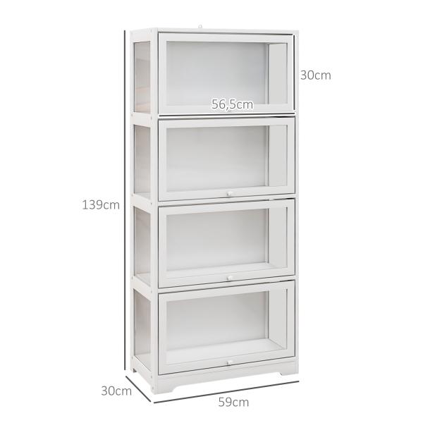 Vitrine Branco de 4 Níveis para Sala de Estar Anti - Tombo 59x30x139 cm com Portas Abatíveis de Acrílico Colecionador
