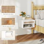 Conjunto de 2 Mesas de Cabeceiras Suspensas com Compartimento Aberto e Gaveta com Frente em Vime 40x34x23 cm Branco