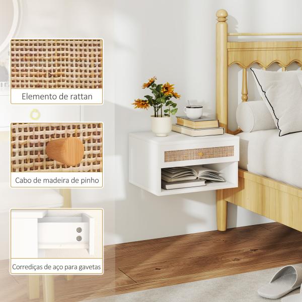 Conjunto de 2 Mesas de Cabeceiras Suspensas com Compartimento Aberto e Gaveta com Frente em Vime 40x34x23 cm Branco