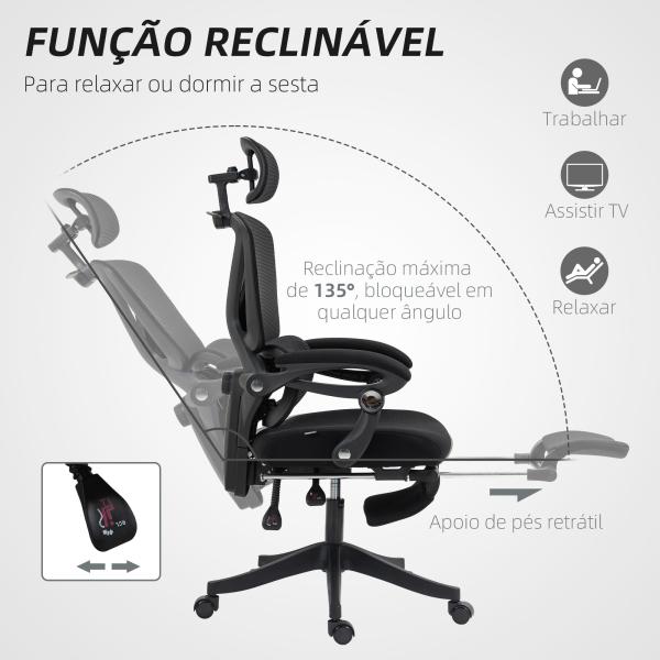 Cadeira de Escritório de Malha com Apoio para a Cabeça Suporte Lombar Apoio para os Pés Função de Inclinação 71x70x109 - 119 cm Preto