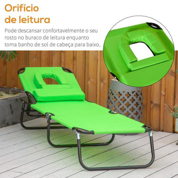 Espreguiçadeira Dobrável com Encosto Regulável em 4 Posições, Espreguiçadeira de Jardim com Orifício para Leitura, Almofada, Estrutura Metálica e Tecido Oxford para Praia e Terraço, Peso Máx. 120 kg, 190x56x28 cm, Verde