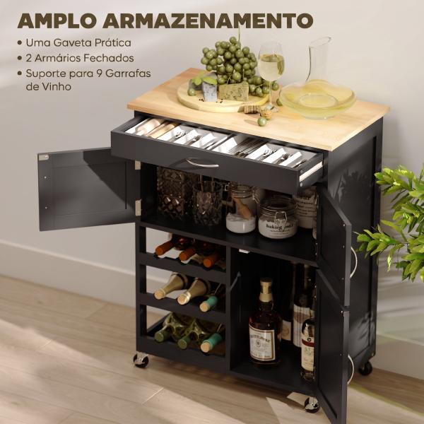 Carrinho de Cozinha com Rodas 2 Armários de Arrumação Gaveta e 3 Prateleiras Abertas para 9 Garrafas 67x37x87 cm Preto