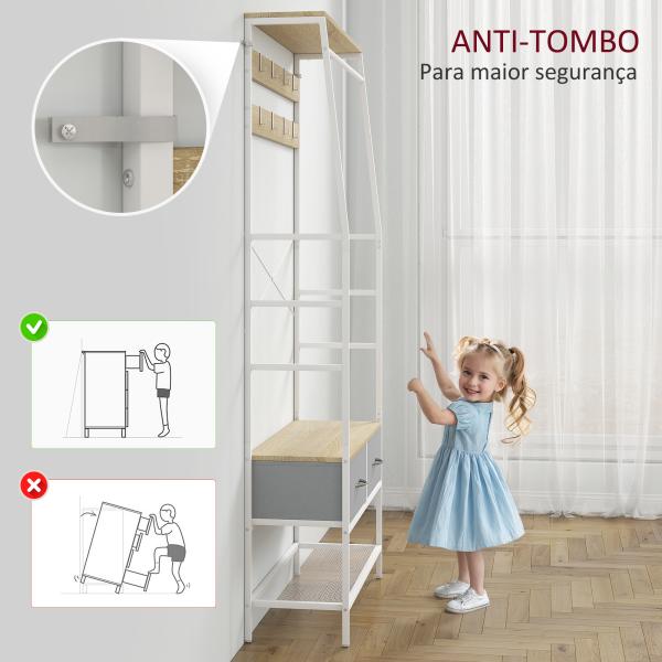 Móvel Cabide de Entrada com Banco Sapateira 8 Ganchos 2 Gavetas de Tecido Barra Prateleira 80x30x180,5 cm Branco e Madeira