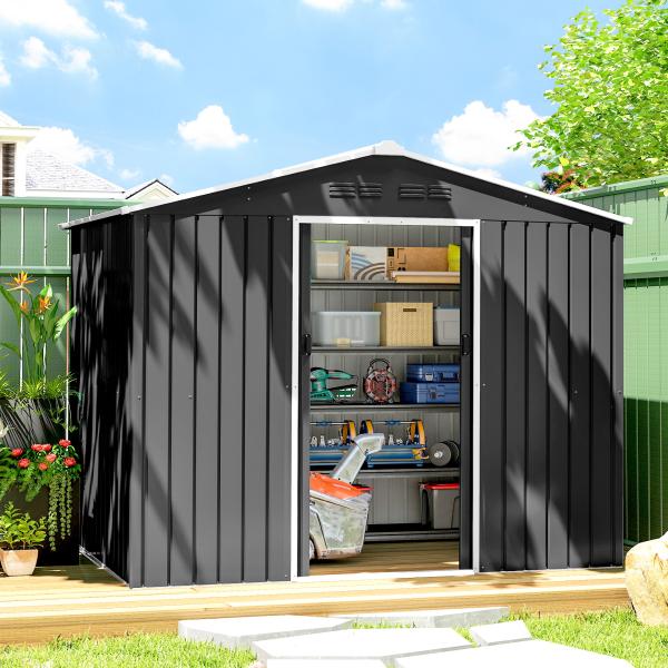 Abrigo de Jardim Exterior 3,6 m² 236x171x191 cm com Portas Deslizantes e Aberturas de Ventilação Cinzento Escuro