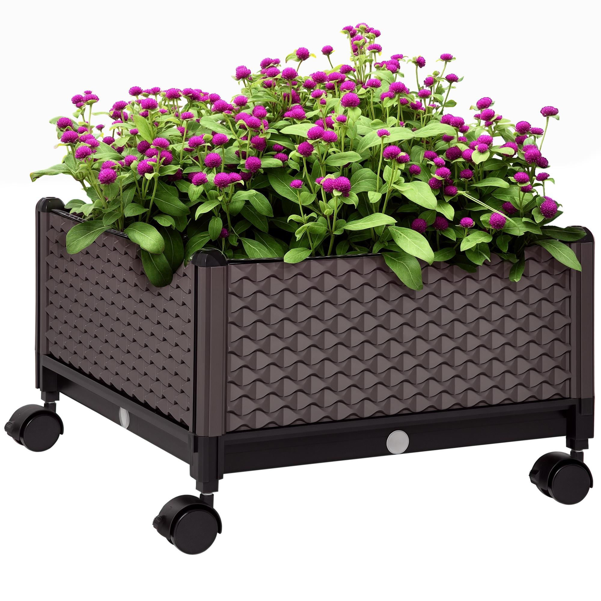 Floreira com Rodas com Orifícios de Drenagem para Cultivo de Plantas em Exterior Pátio 50x50x33cm Marrom