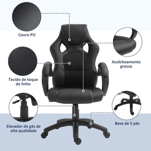 Cadeira de Escritório Ergonómica Cadeira de Escritório Giratória com Altura Ajustável Encosto Alto Estofado em Couro PU e Malha Transpirável 71x61x108 - 118cm Preto
