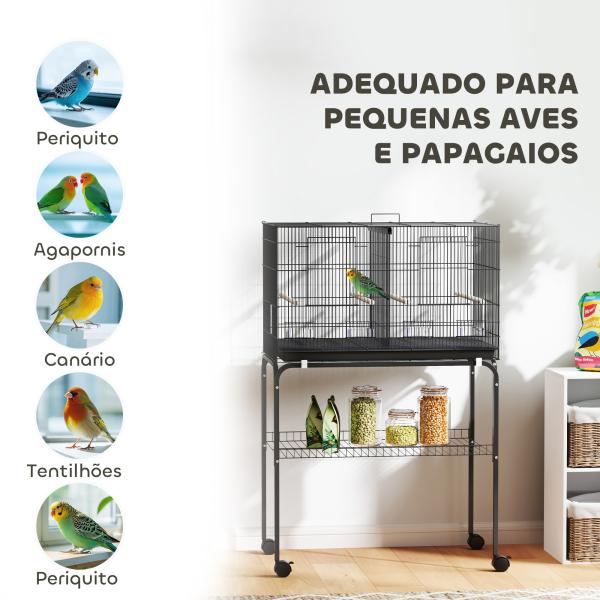 Gaiola para Pássaros com Divisória Rodas Gaiola para Aves com Comedouros Poleiros e Bandeja Removível 76x46x116 cm Preto