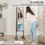 Espelho Joalheiro com Luzes LED Armário para Joias com Ângulo Ajustável Prateleiras Ranuras para Anéis 36x30x136 cm Cinzento