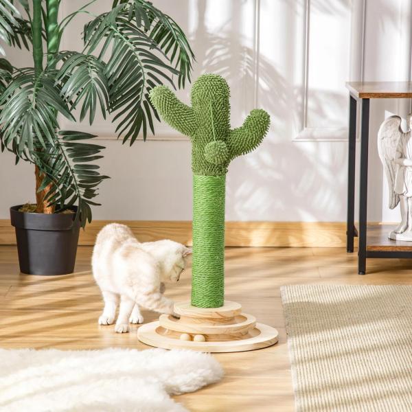 Poste Arranhador para Gatos em Forma de Cactus Pequena Árvore Arranhadora para Gatos com Poste de Sisal e Pelúcia Bola Suspensa e Base com Brinquedo de Madeira 32x32x60cm Verde