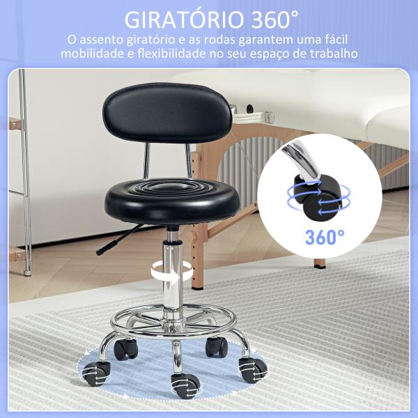 Banco Giratório com Rodas e Encosto Banco de Trabalho com Altura Ajustável Banco Estofado em Couro Sintético 32x40x70x70 - 86 cm Preto