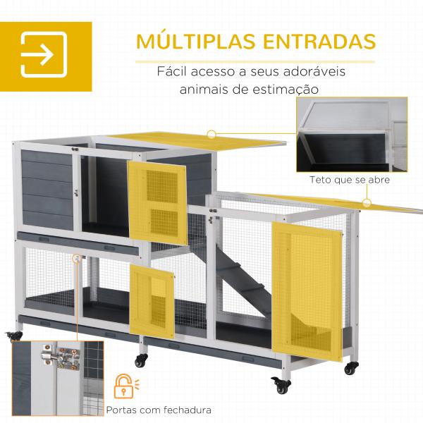 Coelheira de Madeira com Rodas 147x45,5x88,5cm Gaiola para Coelhos de 2 Níveis com Teto Abatível 2 Cercados de Metal 3 Bandejas Removíveis 3 Portas com Trava e Rampa Cinza