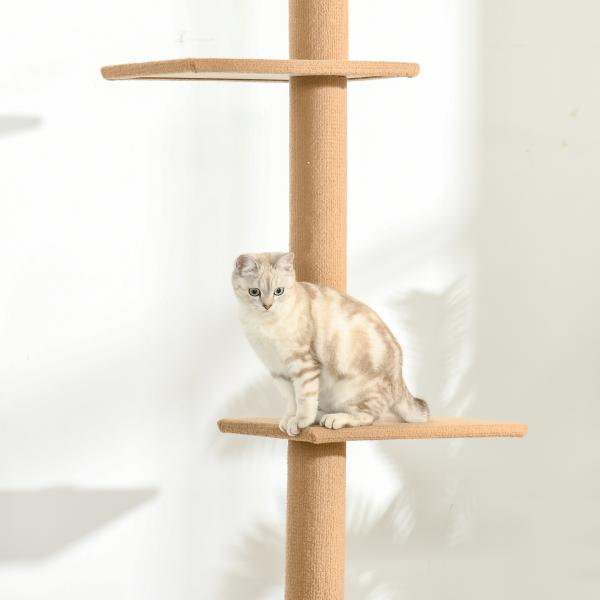 Arranhador para Gatos de Chão ao Teto Ajustável com 4 Plataformas e Poste 43x27x228 - 260 cm Castanho Claro