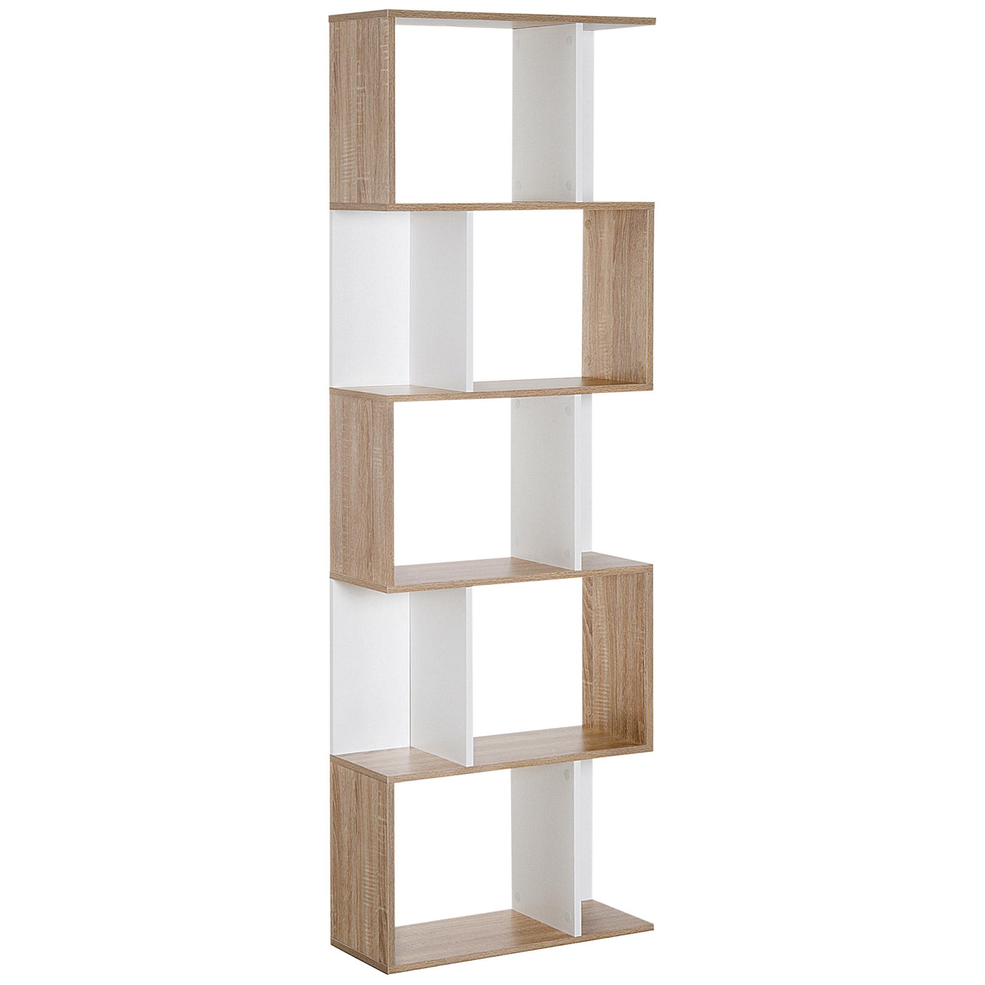 Estante para Livros Estante Alta de Parede com 5 Níveis em Forma de S Desenho Moderno 60x24x184,5cm Branco e Madeira