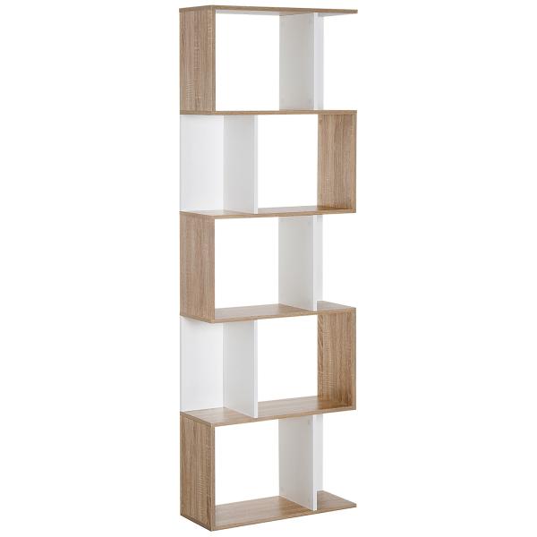 Estante para Livros Estante Alta de Parede com 5 Níveis em Forma de S Desenho Moderno 60x24x184,5cm Branco e Madeira