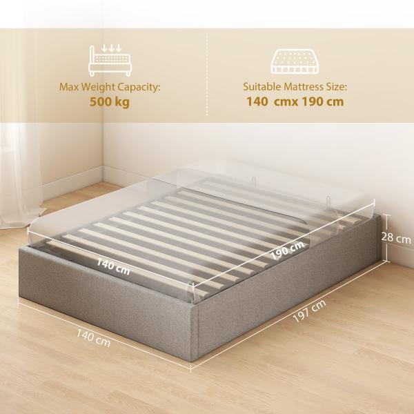 Cama de Casal 140x190 cm com Arrumação Elevatória, Estrutura com Estrado Estofada em Linho Cinzento