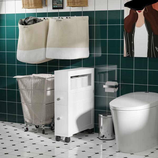 Armário Casa de Banho para Espaços Reduzidos com 4 Rodas Prateleira Aberta e Gavetas 16x52x71,5 cm Branco