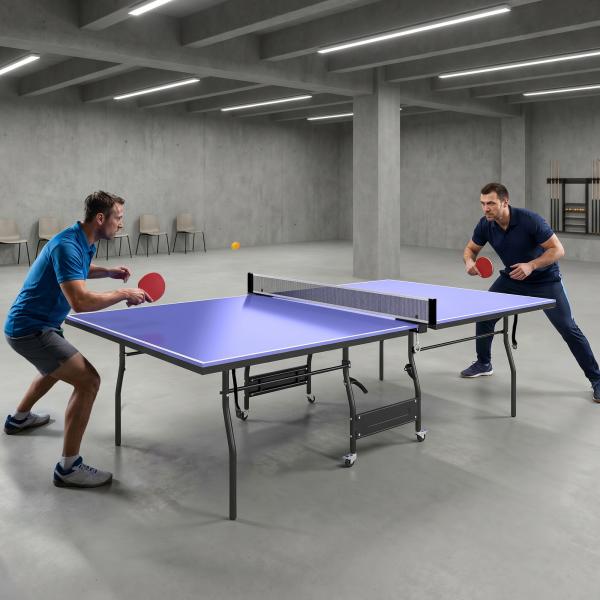 Mesa de Ping Pong Dobrável Profissional com Rodas Inclui 2 Raquetes e 3 Bolas para Interior 274x152,5x76 cm Azul