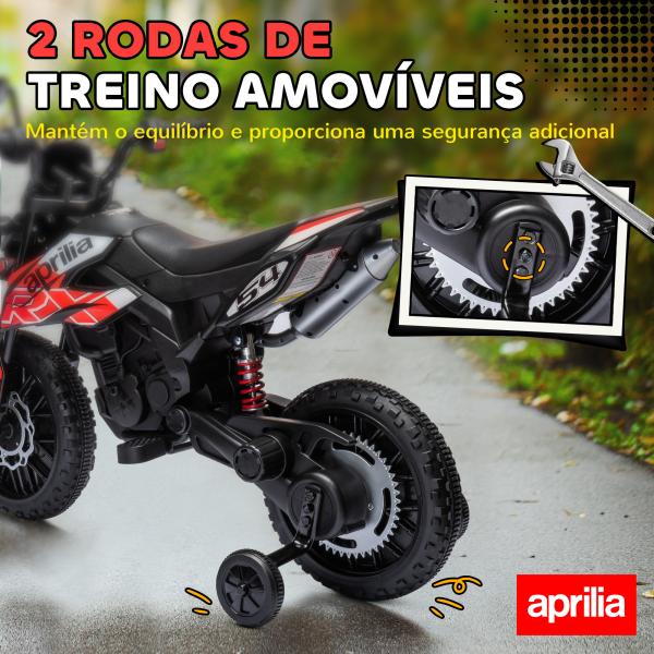 Mota Elétrica Infantil Aprilia 12V Rodas de Apoio Farol Música USB Amortecedor Vermelho 106,5x56x80 cm