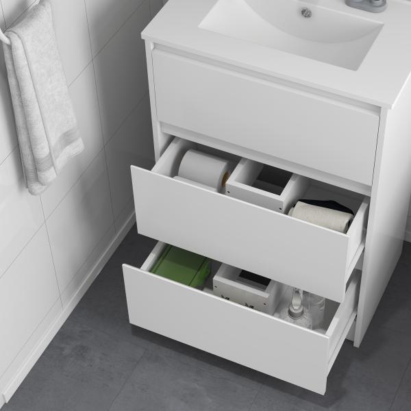 Móvel de Casa de Banho com Lavatório Armário Casa de Banho de Cerâmica Sintética com 2 Gavetas 61x37x88 cm Branco Brilhante