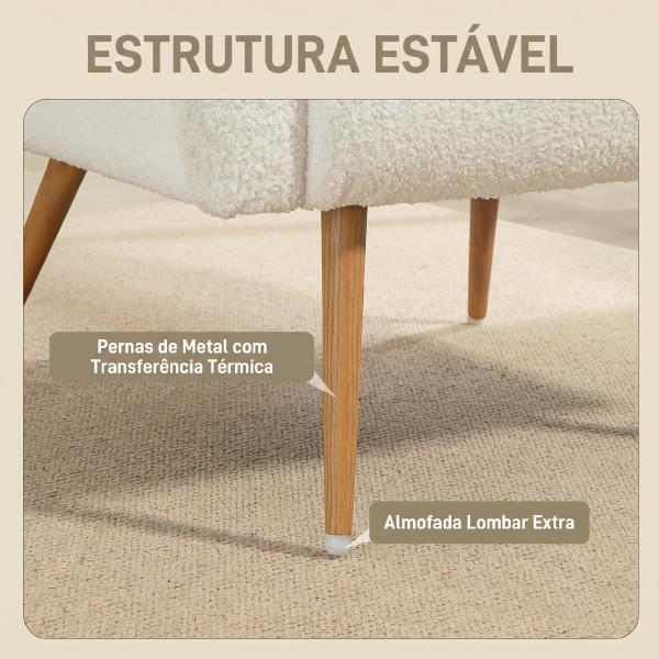Poltrona em Tecido Teddy com Almofada Lombar Amovível e Pés Metálicos Efeito Madeira para Quarto, Creme