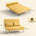 Sofá - Cama de 2 Lugares Dobrável Estofado em Linho com Encosto Ajustável em 5 Posições e 2 Almofadas Amarelo