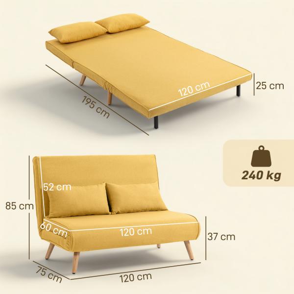 Sofá - Cama de 2 Lugares Dobrável Estofado em Linho com Encosto Ajustável em 5 Posições e 2 Almofadas Amarelo