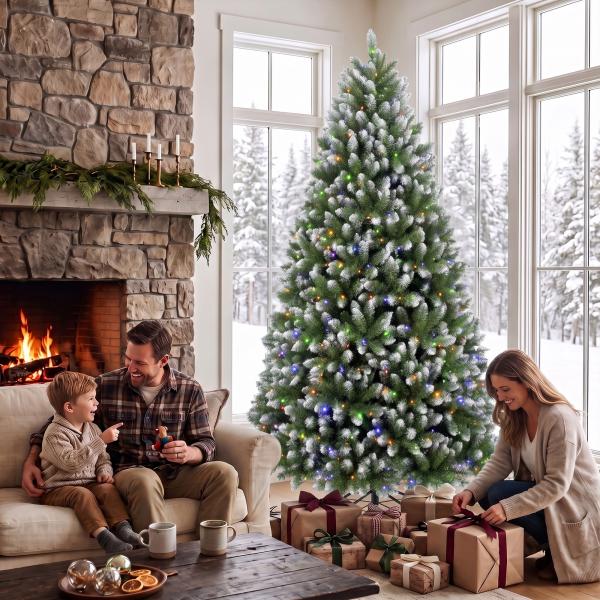Árvore de Natal 220 cm com 400 Luzes LED, 11 Modos, Telecomando, 1378 Pontas e Base Metálica Dobrável, Verde