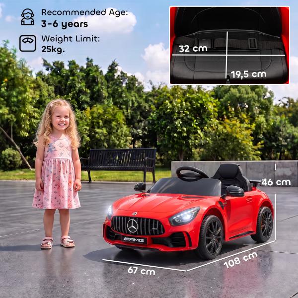 Carro Elétrico para Crianças Carro Mercedes - Benz AMG GTR com Bateria 12V Faróis Buzina e Música 108x67x46 cm Vermelho