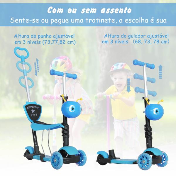 Trotinete 5 em 1 para Crianças com 3 Rodas Assento Removível e Guiador Ajustável Carga Máxima 50 kg 62x25x72,5 cm Azul