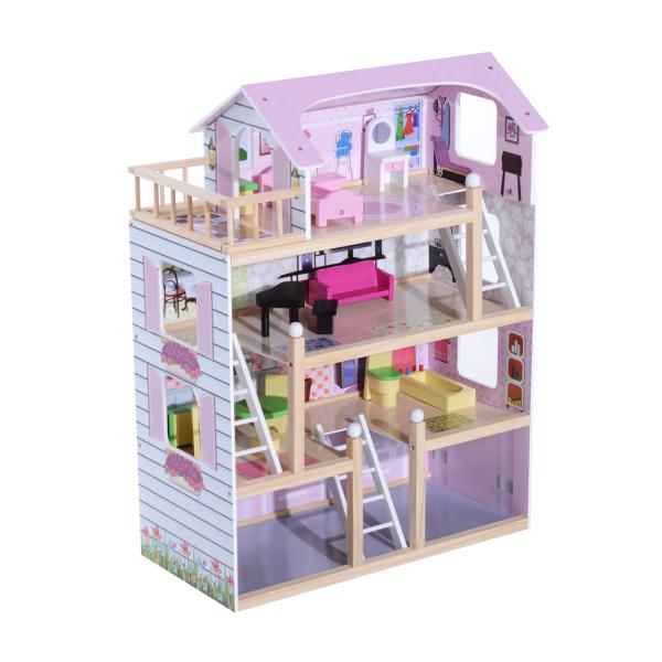 Casa de Bonecas com Móveis e 4 Andares Casa de Bonecas com 13 Acessórios Brinquedo de Imitação 60,5x30x80,5cm Rosa