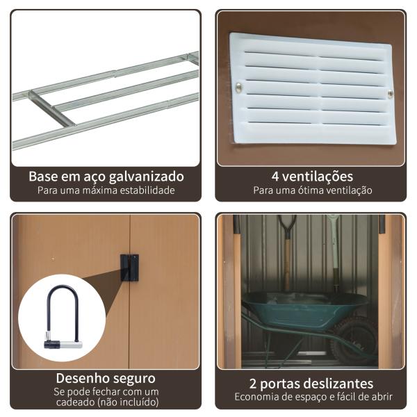 Abrigo de Jardim 213x130x185cm Abrigo de Jardim Metálico de Exterior com 2 Portas Deslizantes e 4 Janelas Marrom Claro