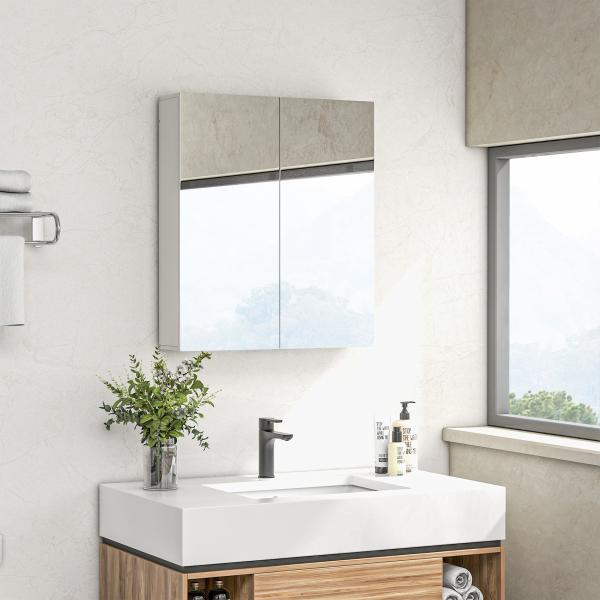 Armário de Casa de Banho com Espelho de Parede com 2 Portas e Prateleira Ajustável Fecho Suave 60x15x70 cm Branco