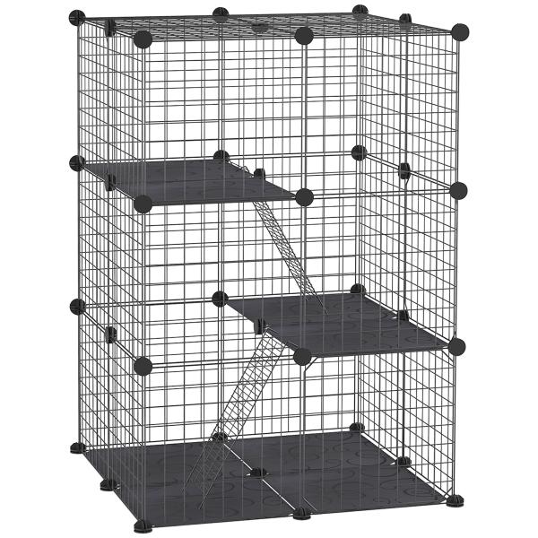 Recinto para Animais de Estimação de 3 Níveis com Rampas e Desenho Personalizável 70x70x105 cm Preto