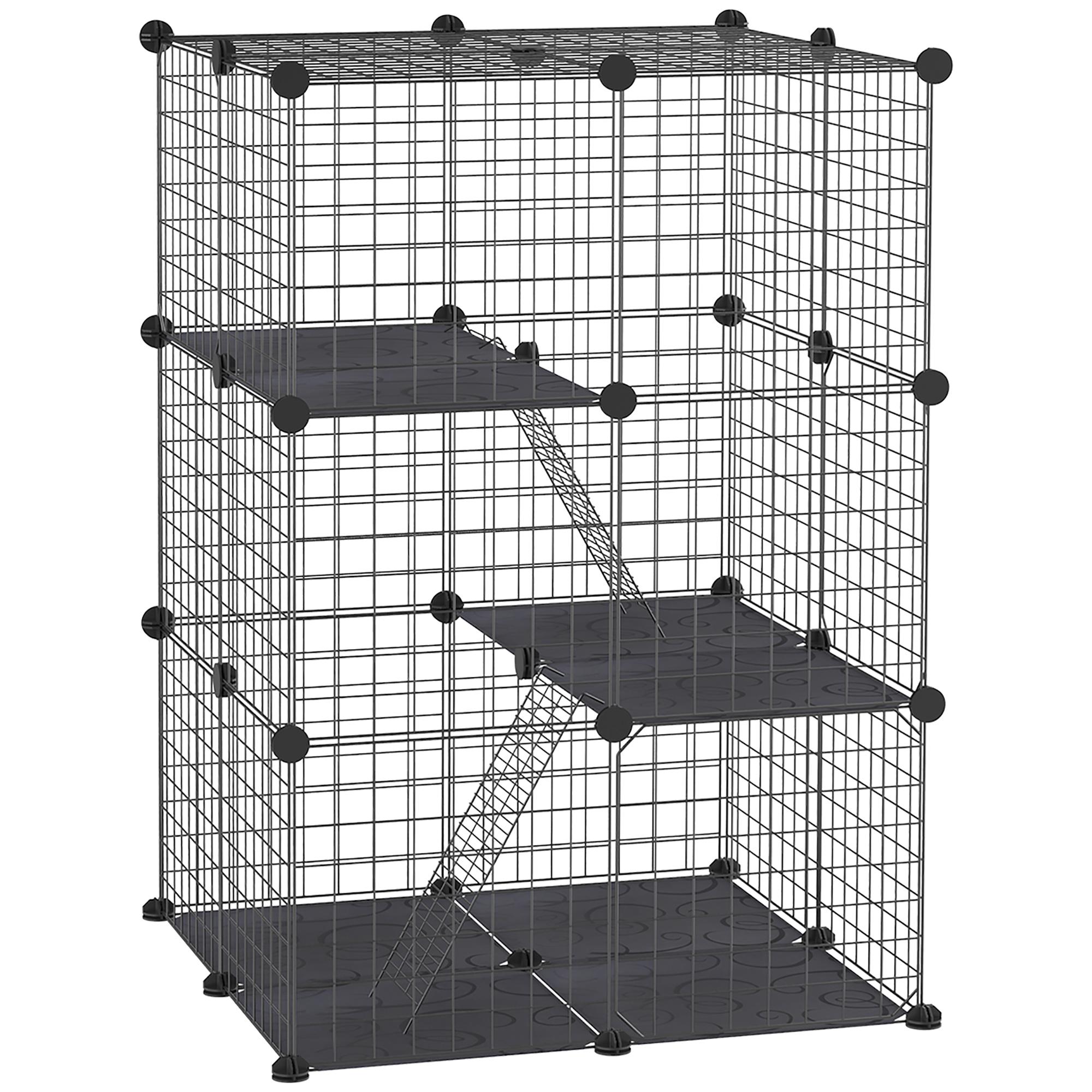 Recinto para Animais de Estimação de 3 Níveis com Rampas e Desenho Personalizável 70x70x105 cm Preto