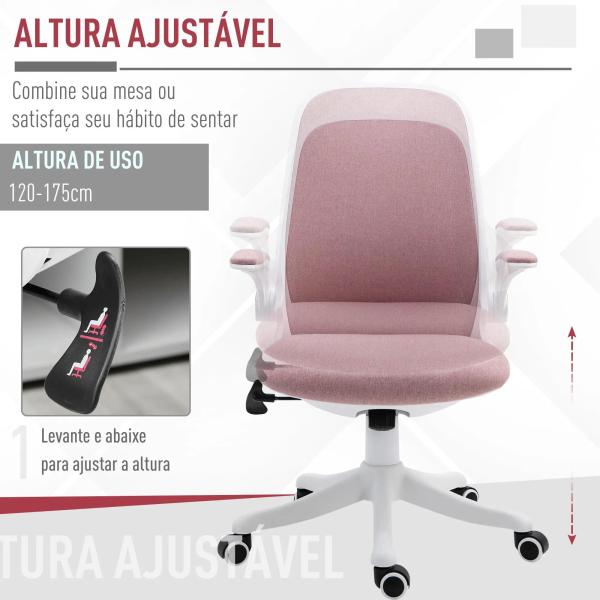Cadeira de Escritório Giratória Função de Inclinação Altura Ajustável Ergonômica com Apoio de Braço Elevavel Carga 120 kg62,5x60x94 - 104 cm Rosa