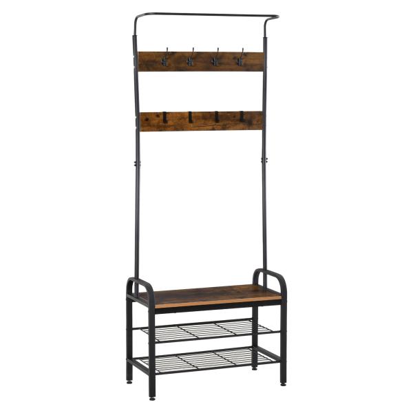 Móvel Cabide de Entrada com 8 Ganchos e Sapateira Armário de Entrada com Cabides 72x34x185cm Marrom e Preto