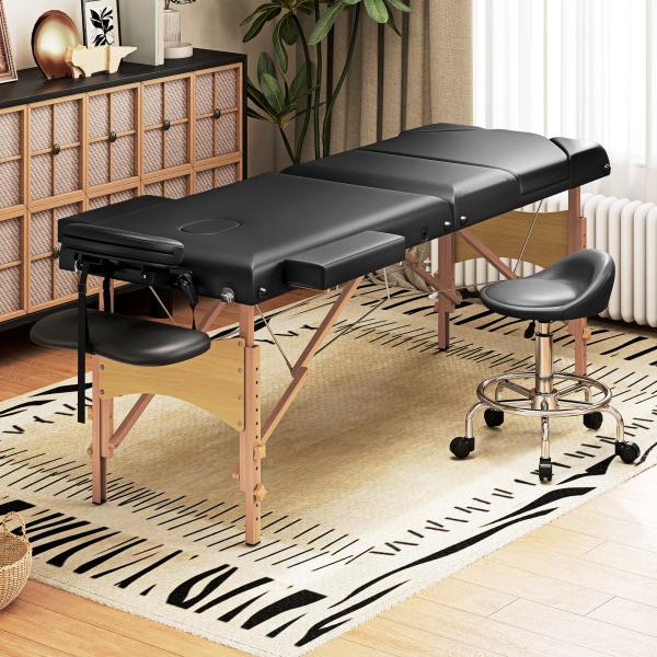 Marquesa de Massagem Dobrável Portátil com Altura Ajustável Apoio de Cabeça Apoios de Braço Acolchoados 215x60x64 - 89 cm Preto