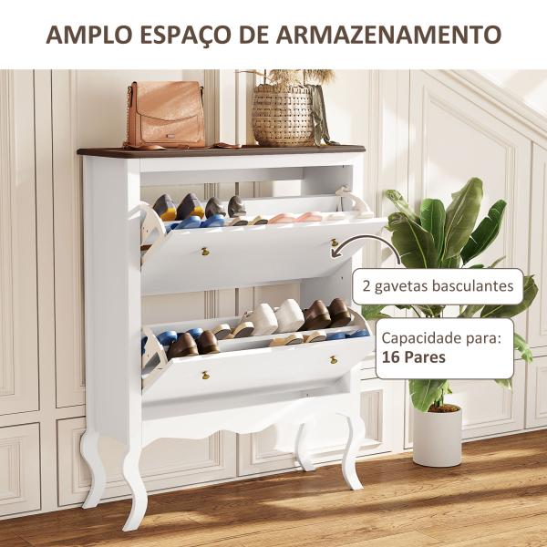 Móvel Sapateira Estilo Francês Sapateira com 2 Gavetas Prateleiras Ajustáveis para 16 Pares de Sapato 84x29x109 cm Branco