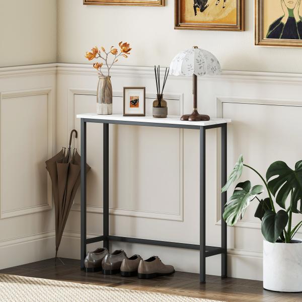 Mesa Consola Moderna Consola Estreita com Superfície com Efeito Mármore e Estrutura de Metal 75x24x76 cm Branco e Preto