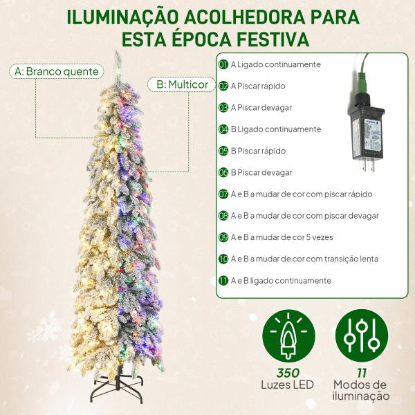 Árvore de Natal Estreita 225 cm Árvore de Natal Nevada com Luzes LED Temporizador 11 Modos de Iluminação Verde